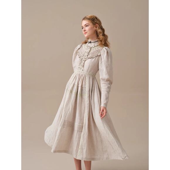 Linennaive Mary 18 Cream White Victorian Prairie Linen Dress XS Cottagecore - Picture 2 of 13